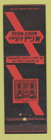 Matchbook Cover - M Cook Sons Men's Clothes Duluth MN