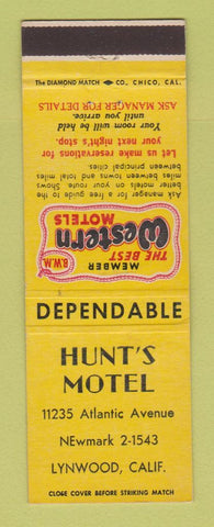 Matchbook Cover - Best Western Hunt's Motel Lynwood CA