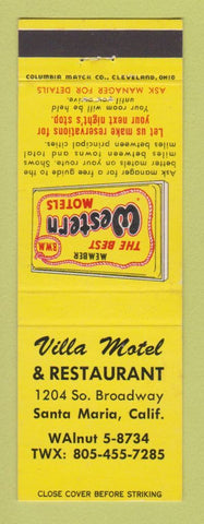 Matchbook Cover - Best Western Villa Motel Santa Maria CA