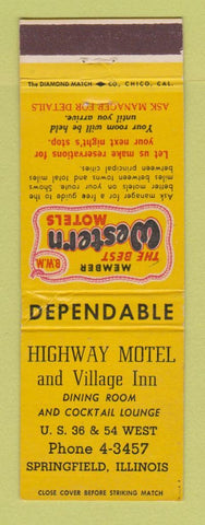 Matchbook Cover - Best Western Highway Motel Village Inn Springfield IL WEAR
