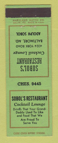 Matchbook Cover - Sobol's Restaurant Baltimore MD