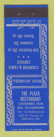 Matchbook Cover - Plaza Restaurant Baltimore MD