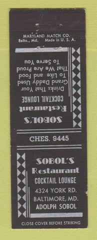 Matchbook Cover - Sobol's Restaurant Baltimore MD