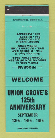 Matchbook Cover - Union Grove 100th Anniversary 1963 WI TEAL