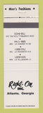 Matchbook Cover - Right On Men's Clothes Atlanta GA
