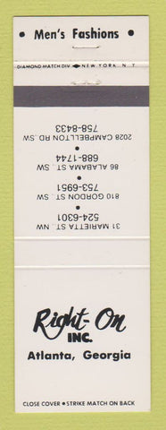 Matchbook Cover - Right On Men's Clothes Atlanta GA
