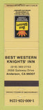 Matchbook Cover - Best Western Knights' Inn Anderson CA