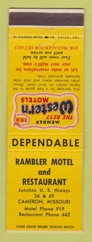 Matchbook Cover - Best Western Rambler Motel Cameron MO