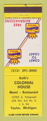 Matchbook Cover - Best Western Koth's Colonial House Taylor MI