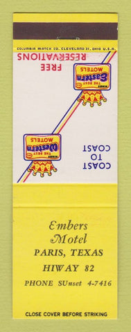 Matchbook Cover - Best Western Embers Motel Paris TX