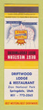 Matchbook Cover - Best Western Driftwood Lodge Springdale UT
