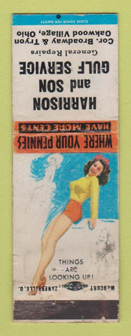 Matchbook Cover - Harrison and Son Gulf oil gas Oakwood Village OH pinup WORN