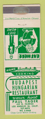 Matchbook Cover - Budapest Hungarian Restaurant Los Angeles CA WEAR