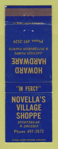 Matchbook Cover - Howard Hardware Novella's Village Shoppe Clothes Percy IL
