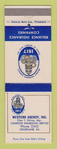 Matchbook Cover - Reliance Insurance Western Agency Goodland KS