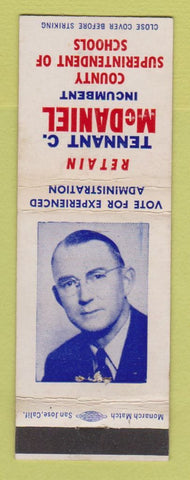 Matchbook Cover - Tennant McDaniel Superintendent Schools Solano County CA WEAR