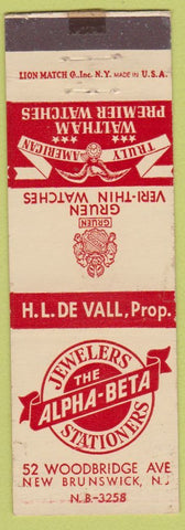 Matchbook Cover - Alpha Beta Jewelry  Gruen Watches New Brunswick NJ WORN
