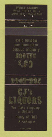 Matchbook Cover - CJ's Liquors Saloon Annapolis MD
