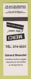 Matchbook Cover - Gerard Beaudet Appliance Cap De La Madeleine QC
