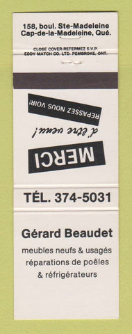 Matchbook Cover - Gerard Beaudet Appliance Cap De La Madeleine QC