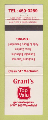 Matchbook Cover - Grant's Top Valu Auto Repair Wakefield QC