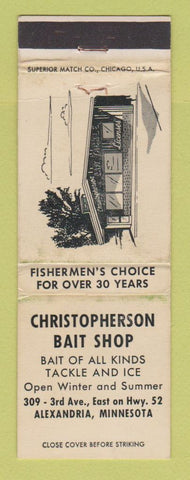 Matchbook Cover - Christopherson Bait Shop Alexandria MN fishing WORN