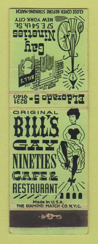 Matchbook Cover - Bill'[s Gay Nineties Cafe New York City girlie WEAR