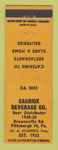 Matchbook Cover - Carrick Beverage Beer Distributor Pittsburgh PA WORN BACK