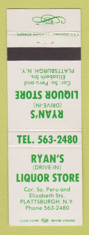 Matchbook Cover - Ryan's Liquor Store Plattsburgh NY