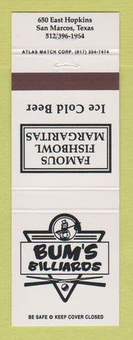 Matchbook Cover - Bum's Billiards San Marcos TX