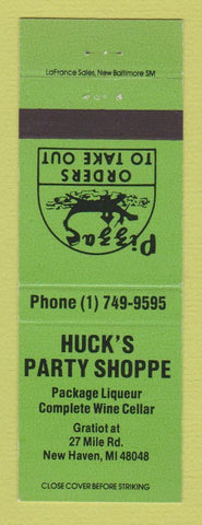 Matchbook Cover - Huck's Party Shoppe Liquor Pizza New Haven MI GREEN