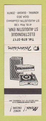 Matchbook Cover - Electronique St Augustin QC Stereo Admiral Quasar Zenith