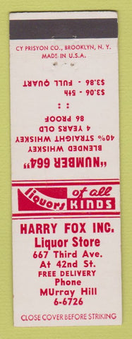 Matchbook Cover - Harry Fox Liquor Store New York City Number 664 Whiskey