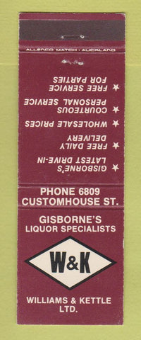 Matchbook Cover - Williams & Kettle Liquor Gisborne's New Zealand