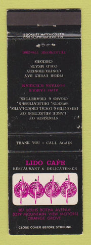 Matchbook Cover - Lido Cafe Restaurant Deli Orange Grove South Africa WEAR