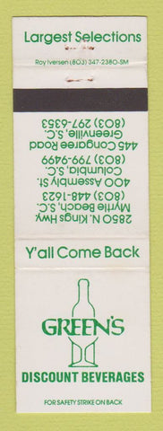 Matchbook Cover - Green's Liquor Myrtle Beach Columbia Greenville SC