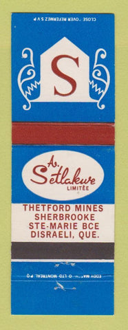 Matchbook Cover - A Setlakive Thetford Mines Sherbrooke Disraeli QC