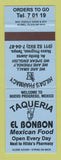 Matchbook Cover - Hilda's Drugs Taqueria El Bonbon Food Nuevo Progreso Mexico