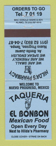 Matchbook Cover - Hilda's Drugs Taqueria El Bonbon Food Nuevo Progreso Mexico