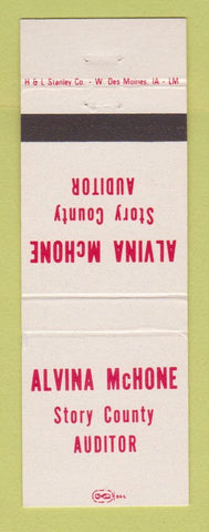 Matchbook Cover - Alvina McHone Story County Auditor Election IA WEAR