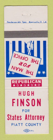 Matchbook Cover - Hugh Finson States Attorney Piatt County IL WEAR