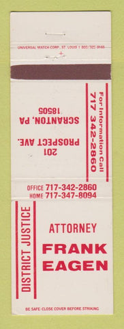 Matchbook Cover - Attroney Frank Eagen for District Justice Election Scranton PA