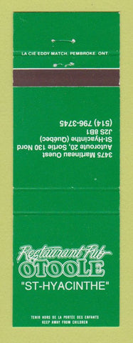 Matchbook Cover - Restaurant Pub O'Toole St Hyacinthe QC