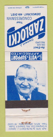 Matchbook Cover - Clement Zablocki Congress Election Milwaukee WI WEAR