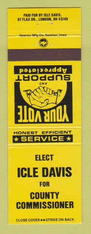 Matchbook Cover - Icle Davis County Commissioner Election London OH
