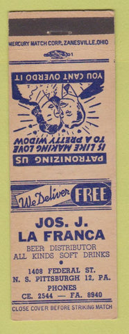 Matchbook Cover - Jos La Franca Beer Distributor Pittsburgh PA