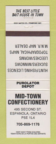 Matchbook Cover - Mid Town Confectionery fishing bait Espanola ON