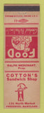 Matchbook Cover - Cotton's Sandwich Shop Frederick MD