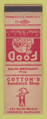 Matchbook Cover - Cotton's Sandwich Shop Frederick MD