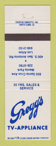 Matchbook Cover - Gregg's TV Appliance Los Altos Menlo Park CA
